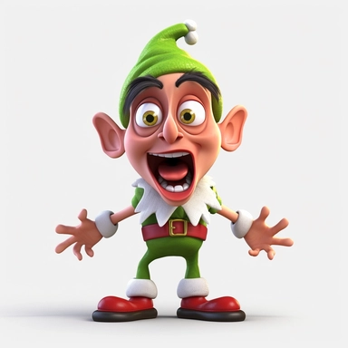 clipart of a crazy christmas elf, there is a funny face on it, cartoon, for kids, funny, pixar, 8k, white background, sharp focus, detailed,