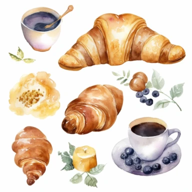 Watercolor breakfast croissants clipart collection. Sweet croissant & coffee clipart. Food illustration clipart. Home bakery logo creator.