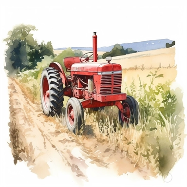 detailed watercolor red tractor on farmland in summer clipart