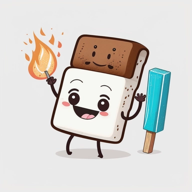 marshmallow on fire and smiling while holding a chocolate bar and graham cracker, cartoon clipart, sticker, white background