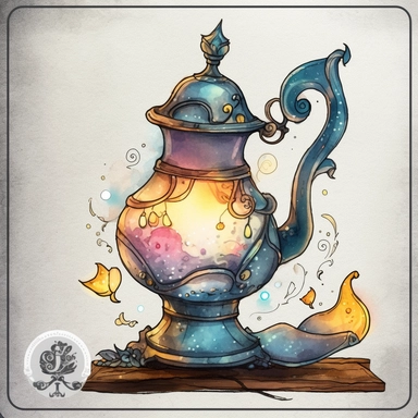 a Cute Magic Lamp watercolor Clipart sublimation clipart graphic, full body, clipart, sticker, a single picture, cartoon style, highly detailed, 8k, one image in the frame--no text in the picture--
