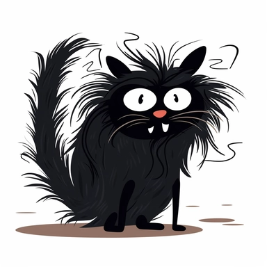A cartoon-style clipart of a black cat with wild, frizzled fur, looking overwhelmed and exhausted.