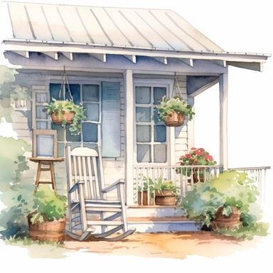 watercolor Close look of Farmhouse Porch, rocking chairs, flowers in pots Clipart