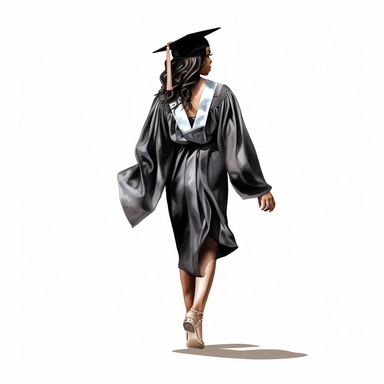 Full body from behind, model style, beautiful black woman, with trendy clothes, influencer, on graduation from college, clip art, highly detailed, clip art, watercolor art, high definition, white background, transparent background, art