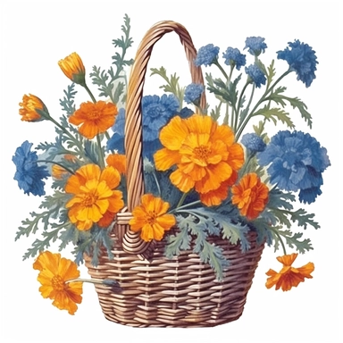 Design a dreamy watercolor clipart of frenchfarmhouse-inspired Marigolds, cornflowers, and cosmos arranged in a wicker basket composition, hand-painted with soft and graceful brushstrokes. Draw inspiration from the artistic finesse of Ethereal Petals Watercolors for a refined and ethereal depiction. isolated on a white background, hand-drawn illustration, hand-painted watercolor texture, 16k UHD resolution, intricately detailed, sharp focal points, designed by Ana Victoria Calderon and Holly Exl
