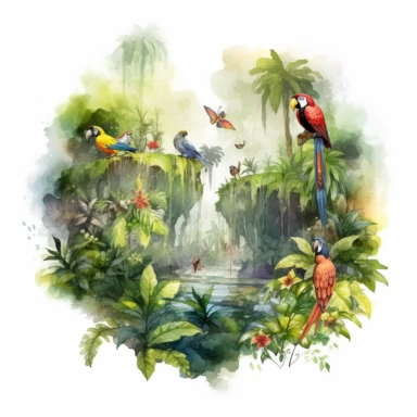 Create a clipart of a watercolor painting of a jungle scene with monkeys and parrots. No Background