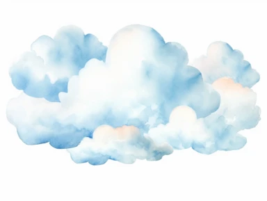 3D illustration of beautiful fluffy watercolor clouds with glitter, dreamcore clipart, for children's nursery, shades of soft pastel blues and baby blue color palette, ethereal, dreamy, isolated on a white background,