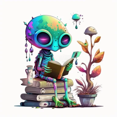 Boho style illustration, clipart, sublimation painting Alien works as a librarian. Bright colorful colors. White empty background, high quality 8k, high quality detail