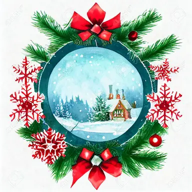christmas, cute English country cottage, symmetrical, winter, snow, watercolor, clipart