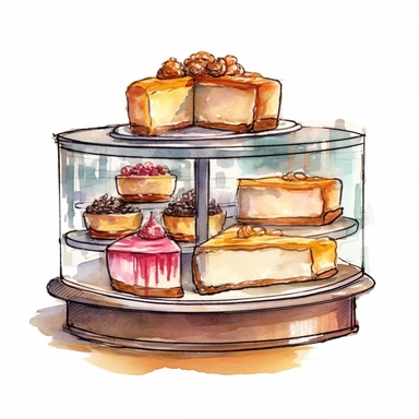 watercolor, hand drawn cheesecake in a bakery case clipart, hd, white background, spaced out--ar 3:2