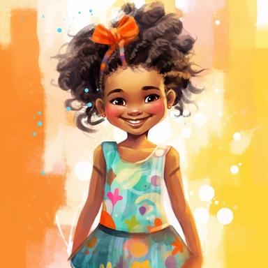 A joyful clipart portraying an African American girl with a charmingly textured hairstyle, adorned in fashionable and whimsical garments, set against a high-resolution and grey background, brought to life with the vibrant colors and free-flowing brushstrokes of a watercolor art style,