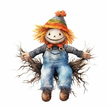 Halloween scarecrow, full color, knitted painting texture, Perfect for nursery art and children's book illustration style, simple, cute, full color, clipart, watercolor illustration, single object, high definition 8k,white background for removing background - - no text shadow font watermark
