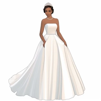 full body beautiful brown melanin 18 year old debutante wearing a modern modest white wedding gown, wearing long white gloves and crown on her head with white background.. 300 dpi vector clipart.. character drawn with thick black lines like for a coloring book.. no watermarks.. white background