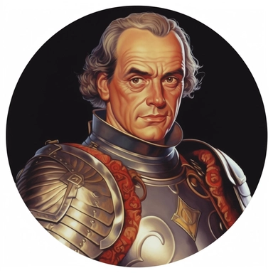 Arthur Sarnoff's character portrait circular tondo depicting a uniformed fantasy knight, Boris Vallejo Mike Allred Josh Kirby, clipart illustration, circular solid background circular border