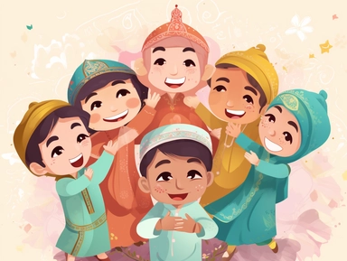A joyful clipart featuring happy kids dressed in traditional attire, celebrating Eid Mubarak. The children are depicted playing, holding hands, and exchanging gifts, radiating excitement and the pure joy of this festive and special occasion.