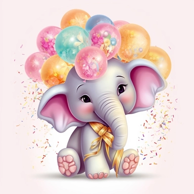 a detailed very colorful vector Clipart image sticker of a beautiful majestic magical floral smilling baby elephant and pastel pink balloons colors holding balloons with a white background, pastel light colors, fall colours, gold ropes, photorealistic, cinematic, Cinematic, Color Grading, Editorial Photography, Photography, Photoshoot, Shot on 70mm, Ultra-Wide Angle, Depth of Field, DOF, Tilt Blur, Shutter Speed 1/1000, F/22, Gamma, White Balance, Neon, Light, Dark, Light Mode, Dark Mode, High C