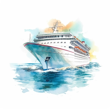 watercolors, clip art, a cruise ship sailing on calm ocean waters, white background