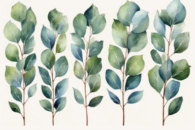 watercolor multiple eucalyptus branches, isolated, clipart, hd, on white background, spaced out,