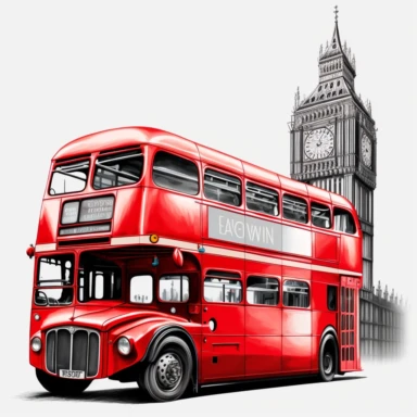 vibrant london red bus drviving past Houses of Parliament detailed colourpencil drawing clipart svg white background
