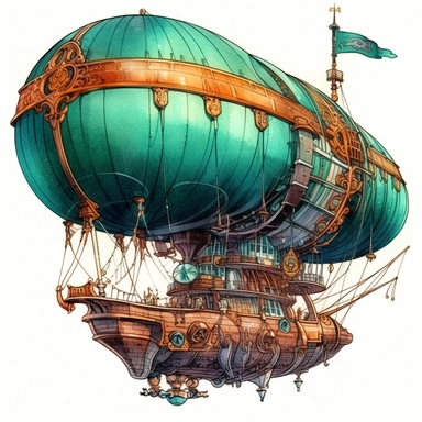 Steampunk airship image, dirigible-style, steampunk, intense colors, luxurious, victorian, clipart, watercolour, dark teal watercolor, white background, detailed,