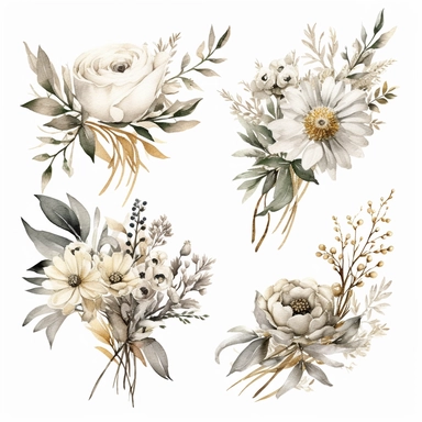 Watercolor Elegant Neutral Colors whites, creams and grays Bohemian Bouquets, Floral Clipart, Bohemian Wild Flowers, Bohemian Bouquet Watercolor, 8k