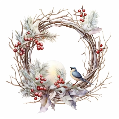 stunning christmas frame made of snowy branches , beautiful Christmas clipart, soft faded colors, beautiful watercolor art by Marjolein Bastin, Thomas Kinkade, Carl Larsson, Norman Rockwell, Susan Wheeler, isolated on white background
