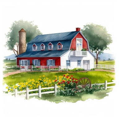 Visualize a clipart-style watercolor illustration of a close up of detailed farmhouse surrounded by wildflowers on a summer day, set against a clean white background. Render the ranch-style farmhouse, painted with vivid blues and bright greens against a clean white background. Render the farmhouse with a red barn and a grazing cow, set against a bright white background. Render the barn and cow in vivid reds and whites, spotlighting rural life. The composition should place the farmhouse centrally