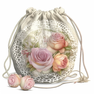 watercolor victorian string pouch handbag with roses and lace, clipart, white background, pastel colors