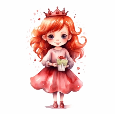 watercolor little princess clipart, red tone colors, big eyes, smiling, lovely, adorable, wearing crown, holding a gift, full body, on white background