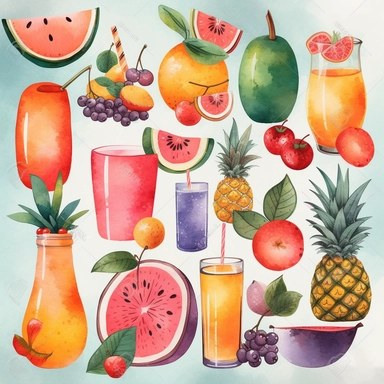 pemcil textured, a Simplified single Summer fruit and cocktail clipart, simple shapes, no lines, no outlines, clipart most popular on etsy, featured on dribble, cartoon animal clipart, minimalist, computer vector graphic design clip art, watercolor illustration clipart, watercolour clipart, watercolor illlustration for kids and children, book illustration, PNG tranparent background