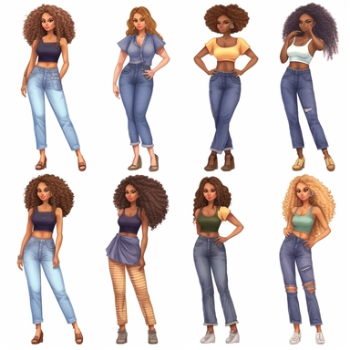Denim girl clipart, Denim clipart, Fashion girl clipart, wearing denim shorts, brown leather sandals, Jeans Girl Clipart, African American clipart, Afro girls clipart, Clipart, ultra realistic, hand drawn,wearing the white crop tops, all with beautiful bright smiles, Full body. Clothing line, retail fashion, 2023, fashionnova, African american, mid sized models. Highly detailed. very attractive, glamorous, make up beautiful, gorgeous, glowing make - up. full body and heels. multiple outfits. ind