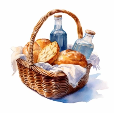 watercolor, hyper realistic, white background, white margins, 16k, ultra detailed clipart, cut out image, hand-drawn a basket of fresh bread and a bottle of olive oil on a kitchen table.in the style of dark white and light blue, children's book illustrations, soft watercolours, pictorial fabrics, light color