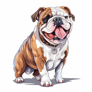 Cute Happy face Beautiful Miniature Bulldog Dog Is Standing Full body Vector Sublimation Clipart, Cartoon, hyper realistic, intricate detail, illustration style, high solution, on the white background