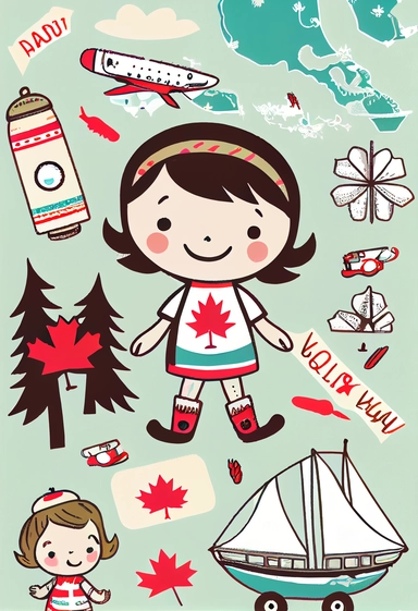 Cute Travel Around Canada pattern, Clipart,by Dr. Seuss ，Blush and bashful background, illustration art