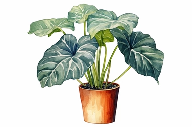 Watercolor, Alocasia 'Tiny Dancer', Alocasia 'Tiny Dancer' Plant, Cylinder-shaped pot, clipart, hd, on a white background, spaced out