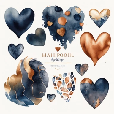 watercolor heart shapes, clipart collection, copper and navy tones, on white background