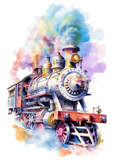 Pastel train, big beautiful locomotive, bursting with steam, Steampunk Clipart, Printable Watercolor, Retro Futuristic, Victorian Era Art Print, colorful, details, high quality 8K, white background