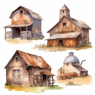 watercolor Old west style barns, illustrations clipart set, simple, , cartoon elements ,different variants , separate elements with a margin