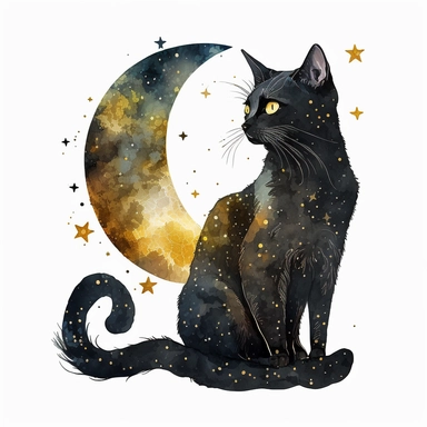 a sitting skinny pagan black cat in front of big starry sky portret, clipart, moon, watercolors, white background, stars, planets, galaxy, magical, ornaments, little golden stars, full body, pictorial space, sparky, golden glitter, oraneg eyes, use Cool Color Palette