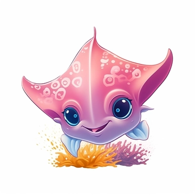 Baby Tiny Manta Ray, Exploring a vibrant coral reef, discovering new friends along the way , clipart for nursuring, animated, white transparent background