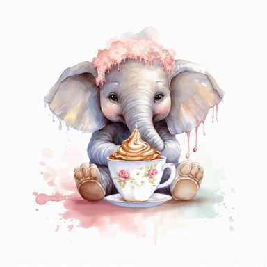 cute elephant sitting down eatting a cup cake, clipart, water colour hd