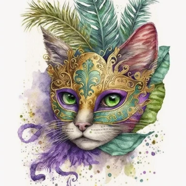 mardi gras kitten detailed watercolor illustration, clip art, cartoon, 8k-- ar 2:3
