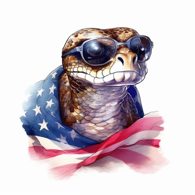 medium shot, low angle, watercolor style, Anaconda, wears American flag scarf and sunglasses, realistic animal illustrations, 2d game art, quadratura, clipart, on white background,