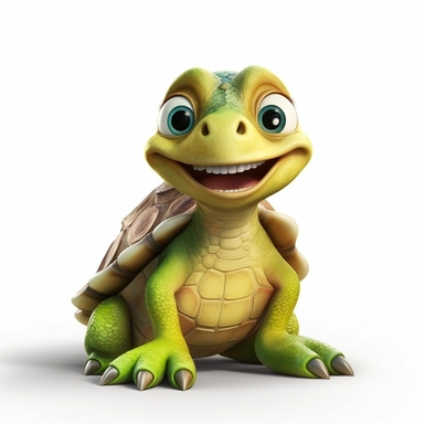 a cute adorable turtle with a big smile, full body image, side view, pixar style, clipart, white background