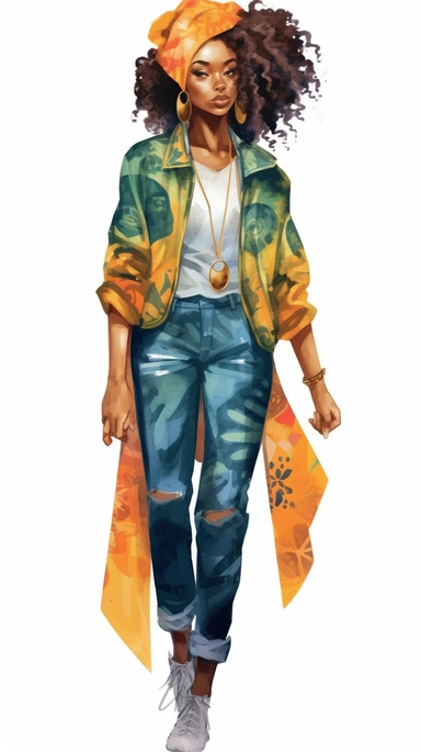 A vibrant watercolor illustration featuring an African American girl with a unique sense of beauty and style. Her hair is depicted with intricate textures and patterns, showcasing her natural beauty. The girl is shown in a fashionable outfit, exuding conf