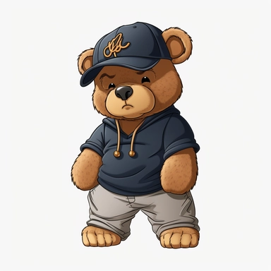 tough looking teddy bear Clipart, teddy bear with a gold chain and a baseball cap turned backwards, wearing baggy pants and a hoodie, png