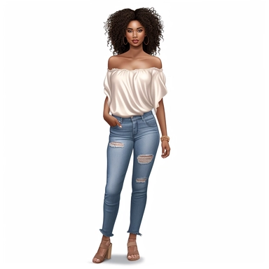 clipart of a African American woman with natural hair+wearing a beige cropped top and distressed blue jeans+hand on hips, full body, white background