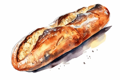 french bread watercolor, clipart, isolated on white background, spaced out