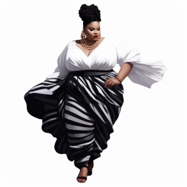 ?????socialite black woman bods, plus size, long massive braids, full glam, fashion icon, talented and good vibes, dressy pant and couture frilly fliiw top, clipart, white background