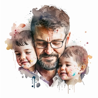 Father and kids close photo, detailed faces, watercolor, clipart, white background, 4k, stunning quality